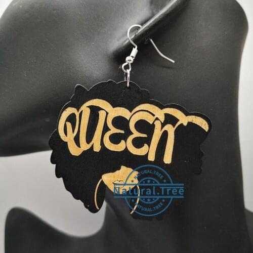 Free shipping! Engraved black queen Wooden Earrings