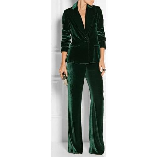 Formal Slim Fit Womens Business Work Wear 2 Pieces Suits Dark Green Velvet Office Ladies Fashion Stylish Suits Jacket Pants Set