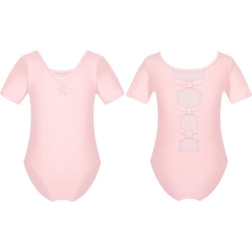 Kids Teens Bowknot Mesh Back Professional Ballet Dancewear Girls Gymnastics Leotard Gym Workout Bodysuit Performance Costume