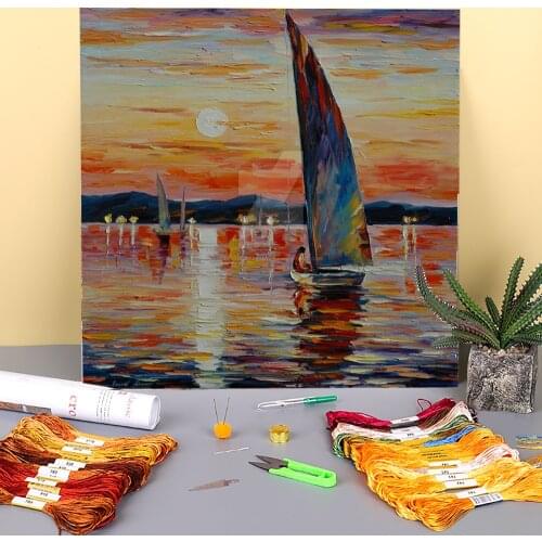 Oil Painting Style Blue Sail Printed Canvas 11CT Cross Stitch DIY Embroidery Full Kit DMC Threads Hobby Needlework Needle