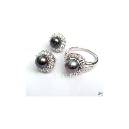Rings for women sterling--jewelry Natural Womens Mother sets Natural AAA Black Pearl Sterling Ring 6,7,8,9# Earring hook