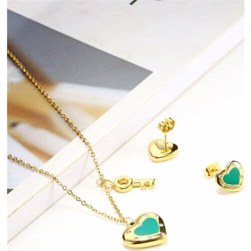 OUFEI Small Key Mint Green Necklace Earring Set Woman Heart Necklace Set Crystal Jewelry Set Simple Stylish Free Shipping