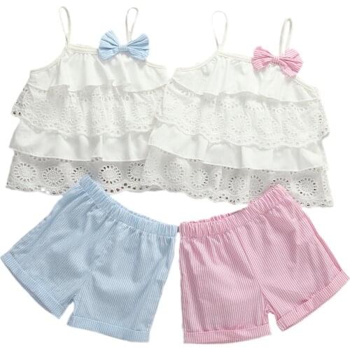 0-5Y Summer Toddler Baby Girls Clothes Sets Lace Ruffles Sleeveless Vest Tops+Bow Solid Shorts 2PCS