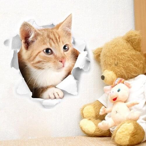 Cat Vivid 3D Smashed Switch Wall Sticker Bathroom Toilet Kicthen Decorative Decals Funny Animals Decor Poster PVC Mural Art