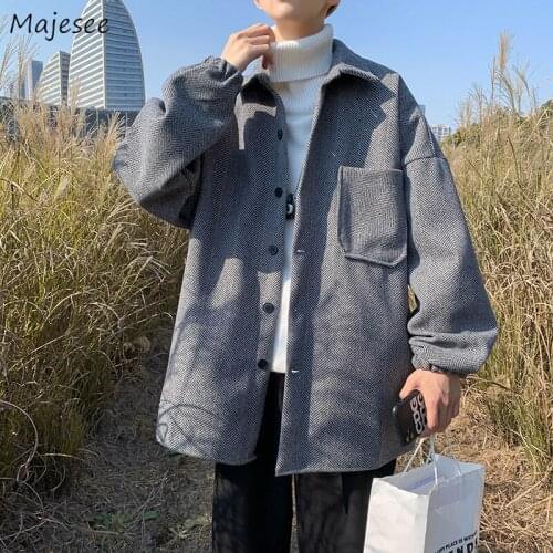 Men Blends Pocket Single Breasted Long Sleeve Turn-down Collar Gray Retro Winter Outwear Coat Fashion Ulzzang Leisure Streetwear