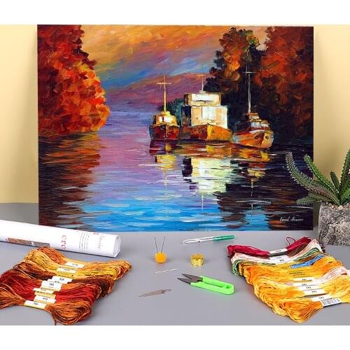 Evening Sun Printed Canvas 11CT Cross-Stitch Complete Kit Embroidery DMC Threads Handiwork Craft Painting Knitting Decor