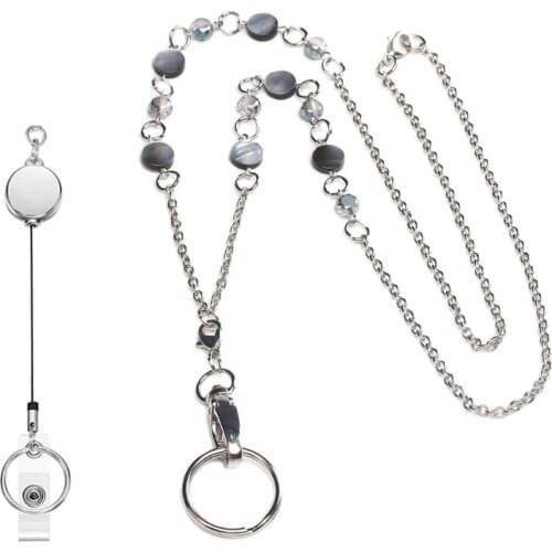 Natural Abalone Shell ID Necklaces ID Balled Beads Lanyards for Keys Retractable Badge Holder Stainless Steel Chain