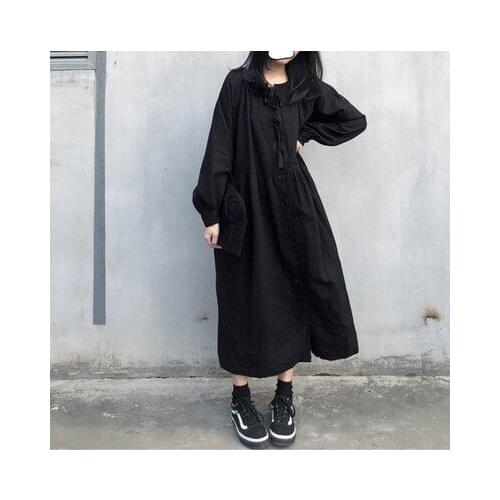 Early Autumn new womens Retro Dark Hepburn Tie buckle loose show long-sleeved dress