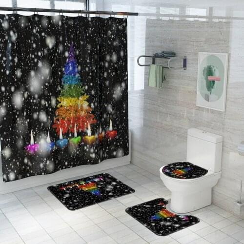 Christmas Tree Printing Bath Mat Set Toilet Carpet Bathroom Waterproof Shower Curtain Absorbent Mats Anti-Slip Mat for Bathroom