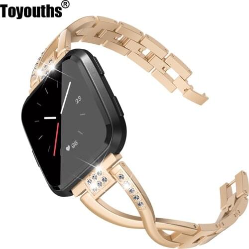 Toyouths Metal Replacement Watch Band Bling Crystals Cross belt Women Easy Install Smart Hook Buckle Watchband for Fitbit Versa
