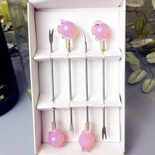 Restaurant tableware stainless steel fruit fork gift set cute pink miniature murano glass pig Figurines decorative dessert fork