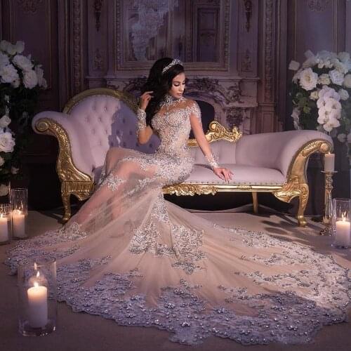 Rhinestone Crystal Wedding Dress High Neck Beads Applique Long Sleeves Mermaid Bridal Dress Gorgeous Dubai Wedding Gowns