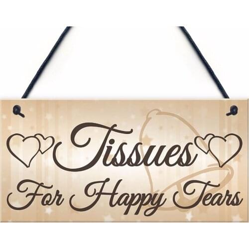 Meijiafei Wedding Sign Present Tissues Happy Tears Plaque Bride Groom Gift Favour Wedding Registry Gift List 10" x 5"