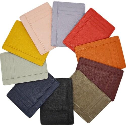 100% Genuine Cow Leather ID Card Holder 9 slots Plus Size Litchi Grain Candy Color Slim Card Case