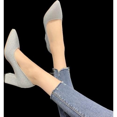 Pointed Toe Shoes Women Pumps 7.5cm Career Square Heels Bling Fashion Work Office Party Shoes Super Big