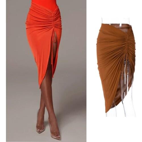 Latin Dance Skirt Lady Cha Cha Rumba Samba Dancing Practice Wear Drawstring Folds Irregular Split Sexy Bag Hip Skirts DNV13559