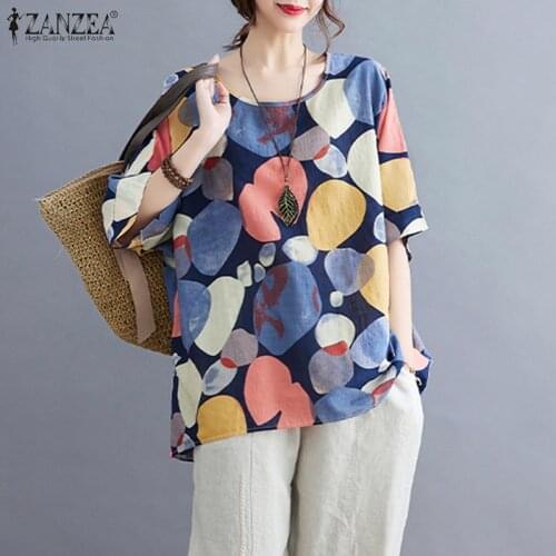 ZANZEA Women Summer Vintage Printed Blouse Casual O Neck Half Sleeve Loose Tops Tunic Female Floral Shirt Blusas Oversized Mujer