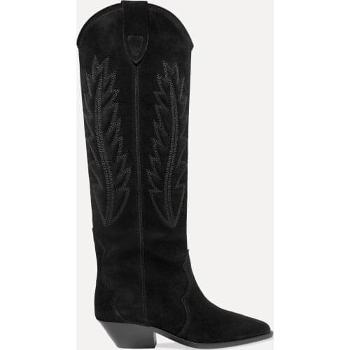 Women Shoes Paris Black Denzy Boots Embroidered Suede Knee Cowboy Boots