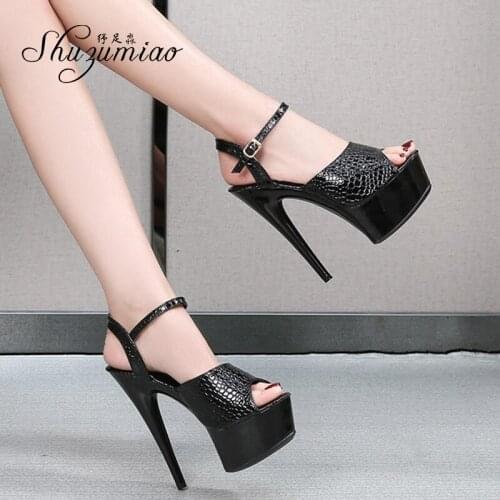 Shuzumiao Womens Sandals 2020 Summer Fashion PU Thin Heels Waterproof Platform High Heels15cm Solid Color Female Banquet Shoes