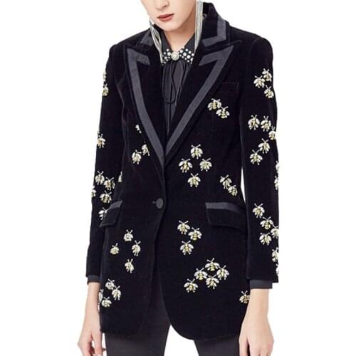 2021 Spring Vintage Crystal Bee 3D Decoration New Long Sleeve Elegant Velvet Blazer Jacket Women Tops Pocket Suit Coat Female