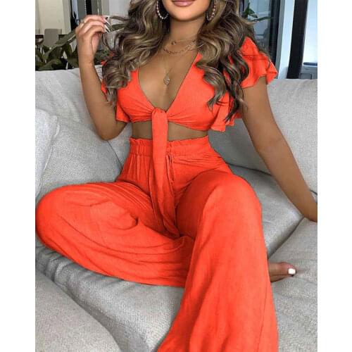 Women Floral Summer Casual Two Piece Set Outfits Sexy Rufled Knotted Top + Wide Leg Long Pants Suits
