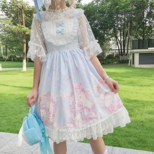 Sweet Kawaii Jsk Lolita Dress Women Vintage Victorian Gothic Lady Cat Sleeveless Lace Princess Tea Party Suspender Dresses+Shirt