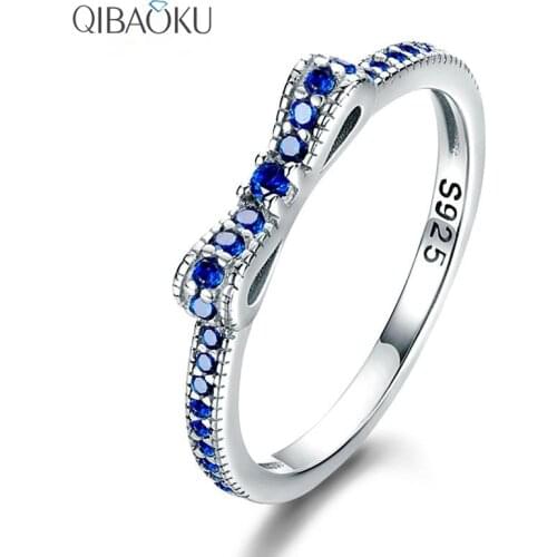 Womens Jewelry S925 Silver Ring AAAAA Swiss Blue Zircon Ring Bownot Shape Simple Wedding Jewelry Party Valentines Day Gift