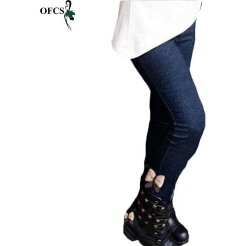 Winter Girls Pants Leggings Thick Warm Bowknot Jeans Pant Kids Girl Velvet Pants Children Leisure And Fashion Trousers Retail