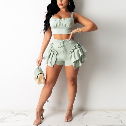 2 Pieces Sets Womens Outfits Shorts Plus Size 4XL 5XL Solid Crop Tops & Short Pants Ruffles Green Bodycon Matching Sets Big New