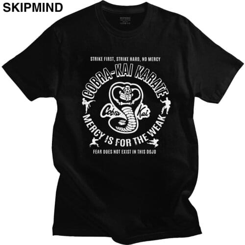 Retro Cobra Kai T-shirt Mens Short Sleeved 100% Cotton Tee Tops Leisure 80s TV Karate Kid Mercy is for the weak Shirt Clothing