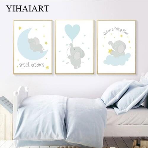 Blue Cartoon Elephant Canvas Painting Baby Nursery Wall Poster Moon Heart Art Print Nordic Kids Boy Bedroom Decoration Picture