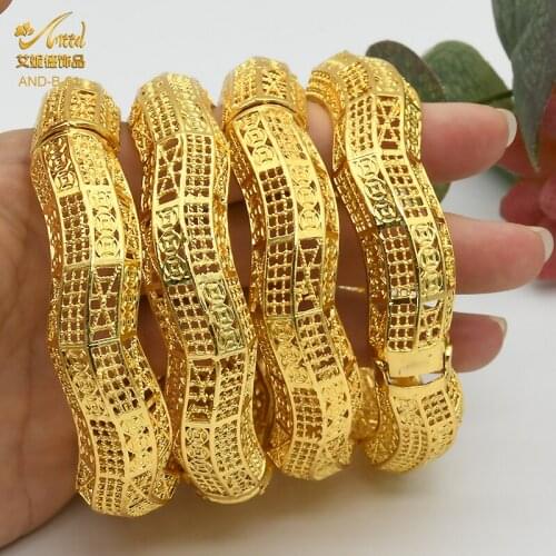 24K Bangles 4Pcs/Lot Ethiopian African Fashion Gold Color Bangle For Women Indian Jewellery Bride Wedding Bracelet Jewelry Gifts