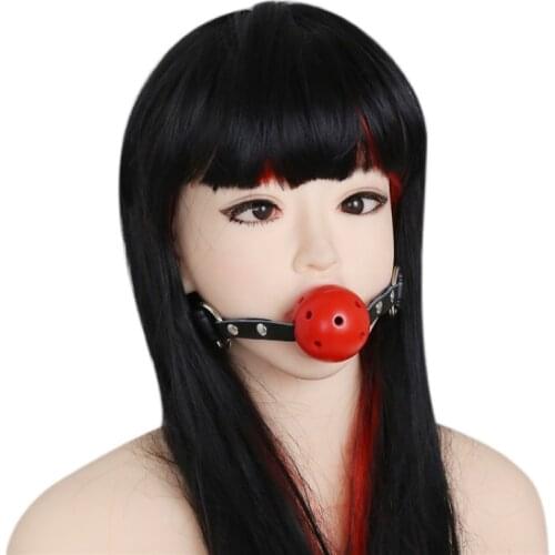 Leather Sex Toy Mouth Plug Hollow Red Ball Pin Buckle gag Black Mouth Ball