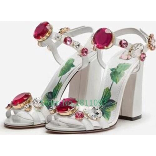 Square Heel Diamond Ankle Buckle Summer Sandals 2020 Newest Crystal Ladies Dress Shoes Heel 6 cm 10 cm Open Toe Flower Painting