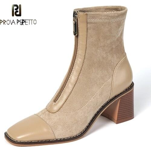 Fashion Korean Style Stitching Stretch Boots High Heel Short Boots Women 2021 Thick Heel Square Toe Front Zipper Martin Boots