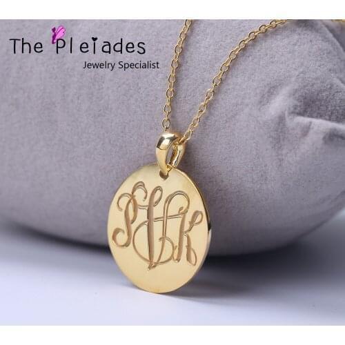 Monogram Necklace Disc Engraved Initial Pendant Custom Made Vine Monogram Letters Jewelry Personalized