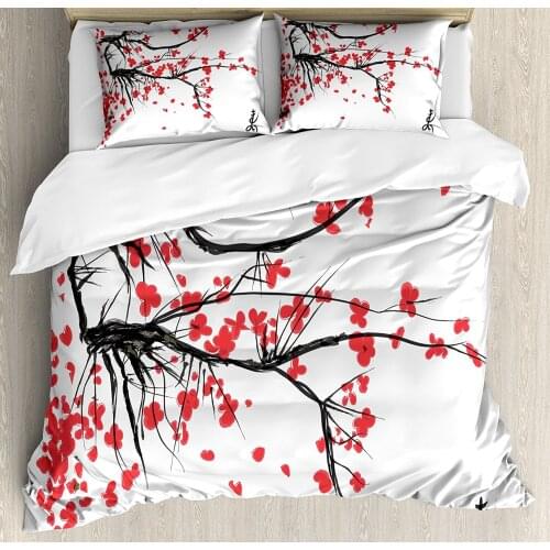Nature Duvet Cover Set Sakura Blossom Japanese Cherry Tree Garden Summertime Vintage Cultural Print Bedding Set Grey Vermilion