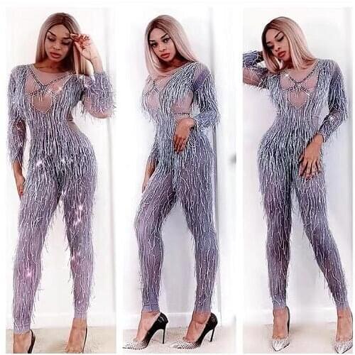 New Mesh Bodysuit Sexy Transparent Tassel Women Jumpsuit Stage Dance Wear Birthday Celebrate Stretch Costume