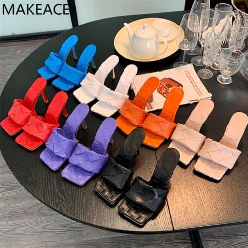 New Candy Color Braided Slippers Women Square Open Toe Mules High Heels Designer Shoes Woman Weave Sandals Women Summer Slides