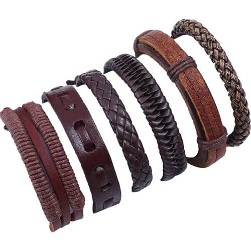 New Punk Casual H-grade 6 Pcs/set Wrap Brown Genuine Leather Women Bracelets Men Homme Femme Gift Male Jewelry