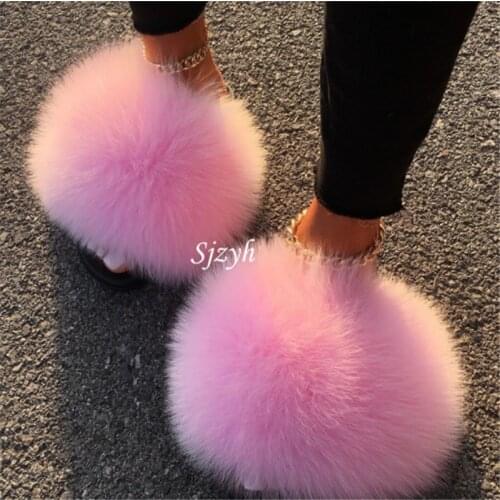 Wholesale Womens Plush Sandals Luxury Fluffy Fur Slippers Indoor Warm Furry Slides Ladies Fox Fur Flip Flops Female Home Shoes