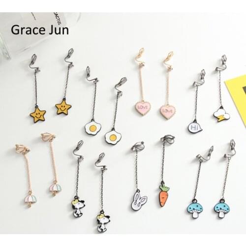 Grace Jun Korea Style Colorful Chick Heart Bear Bird Shape Enamel Clip on Earrings Without Piercing for Girls Kid Party Ear Clip