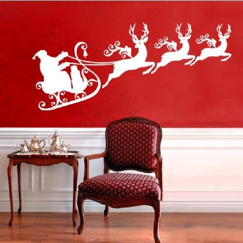 Reindeers With Santa Sleigh Silhouette Wall Mural Christmas Holiday Art Wall Stickers Home Kids Room Decoration Wall Decals Q-5