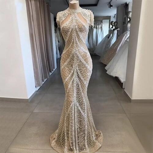 Luxury Champagne Mermaid High Neck Short Sleeves Evening Dresses 2020 Dubai Sexy Sequined Formal Prom Gowns