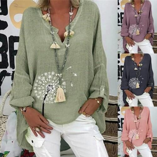 Spring Womens Tops Dandelion Printing Long Sleeve Blouse V-Neck Streetwear Vintage Casual Loose Plus Size Shirts