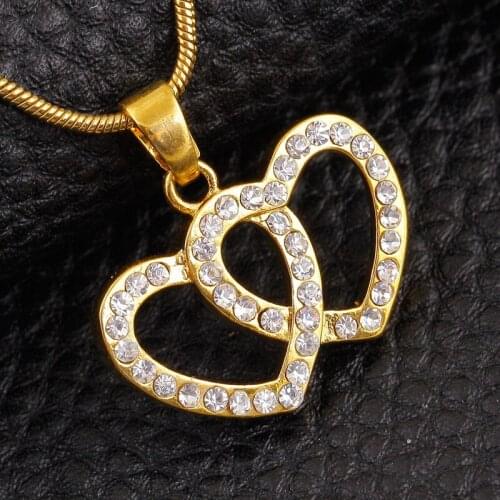 Double Heart Shaped Yellow Gold Filled Womens Romantic Pendant Necklace Chain