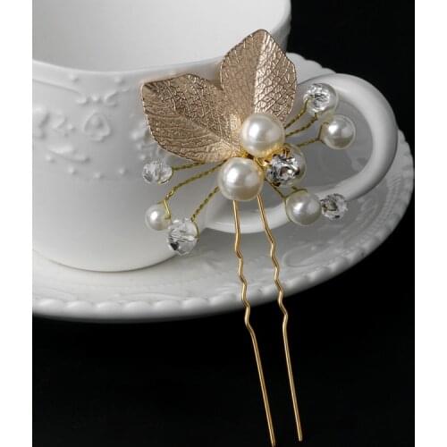 55KA Womens Hair Clip Leaf Rhinestone Faux Pearls Hairpin Bridal Bobby Pin Jewelry