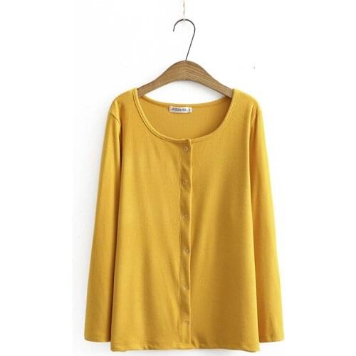 Plus Size L-3XL Women Spring Autumn Tshirts Long Sleeved Solid Pullovers Casual Tops(2 Buttons Can Be Openned only)