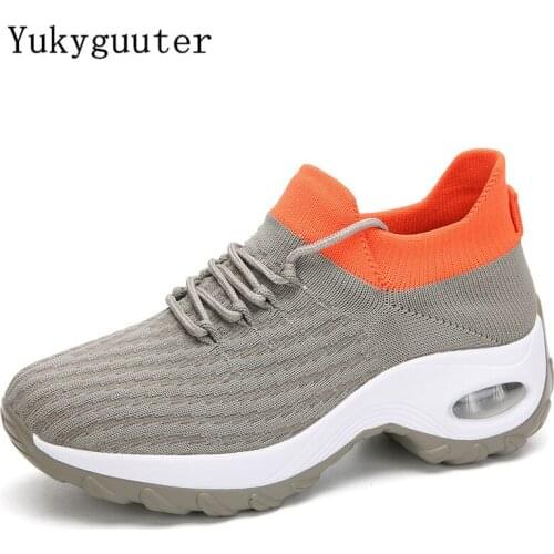 Woman Sneakers Running Shoes Girls Flat Outdoor Breathable Knit Upper Socks Lightweight Athletic Chunky Shoes Lace Up Platform