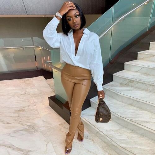 Bright PU Faux Leather Sexy Skinny Legging Woman High Quality High Waist Split Hem Pencil Pant Streetwear Fall Winter Trousers